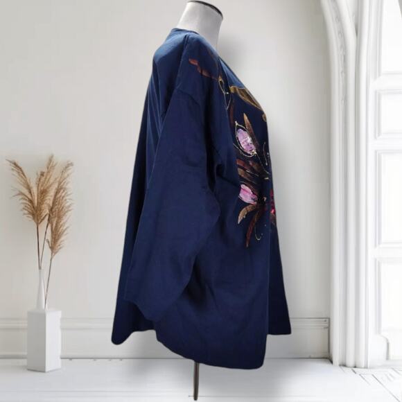 Vintage 80s Wearable Art Top Navy Woman Face Rhinestone Cotton Tunic XL USA - Picture 6 of 10